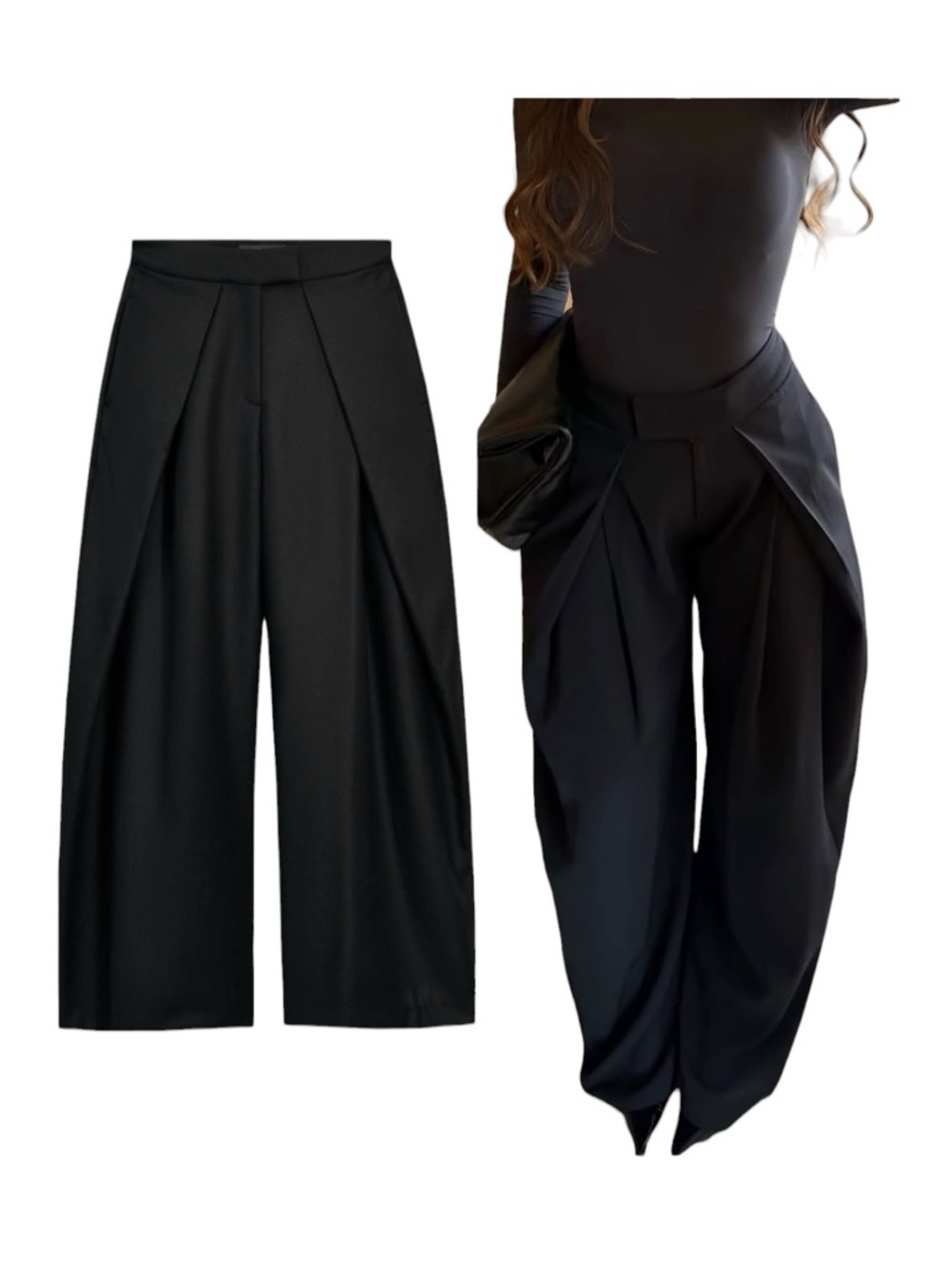 Zara ZW Collection Pleated Wide Leg Trousers Pants Black